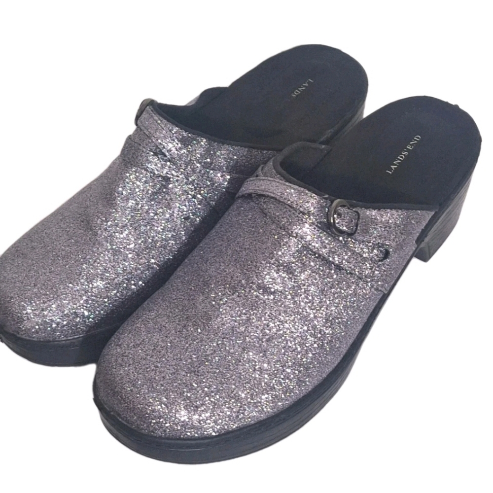 Lands End Carla Silver Glitter Clogs Slip On Mules Womens Size 9 B EUC
